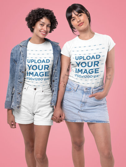 T-Shirt Mockup Featuring an LGBT Couple Holding Hands at a Studio
