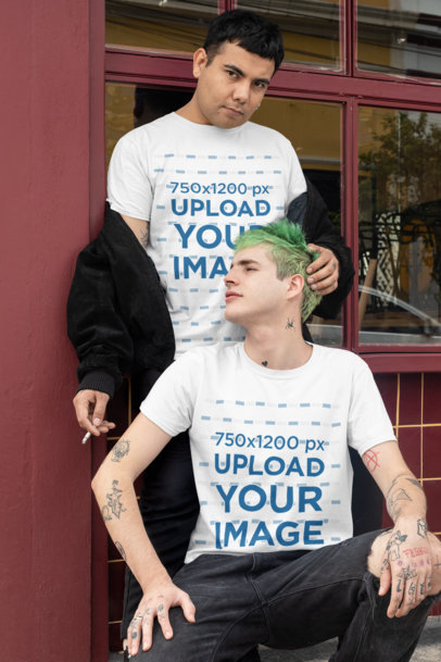 T-Shirt Mockup of an LGBT Couple Posing Outside a Restaurant 