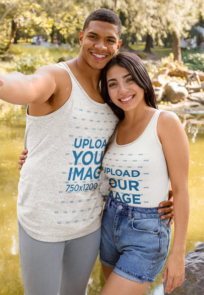 Tank Top Mockup of a Happy Couple Posing in the Park 