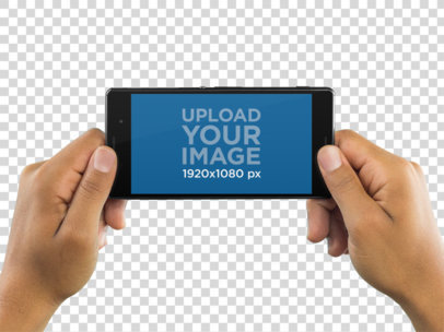 Mockup of a Sony Xperia Z5 Held in Landscape Position Over a Transparent Background