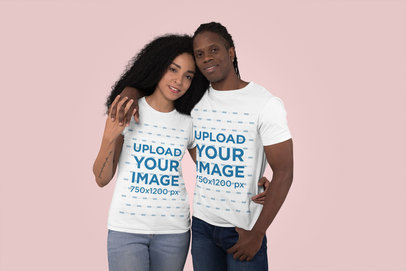 Mockup of a Couple with T-Shirts Hugging at a Studio 
