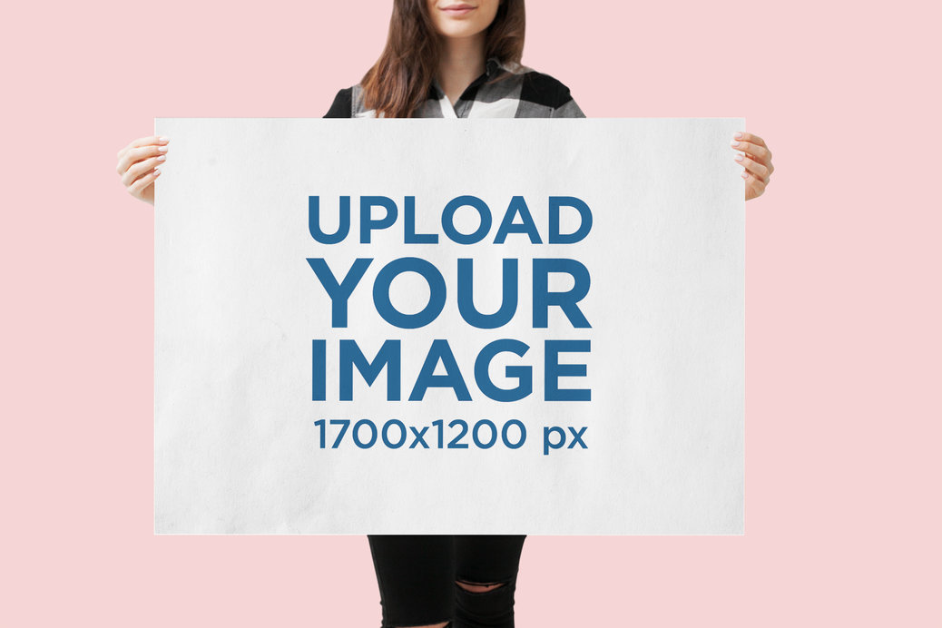 Mockup Featuring a Young Woman Holding a Poster at a Studio 