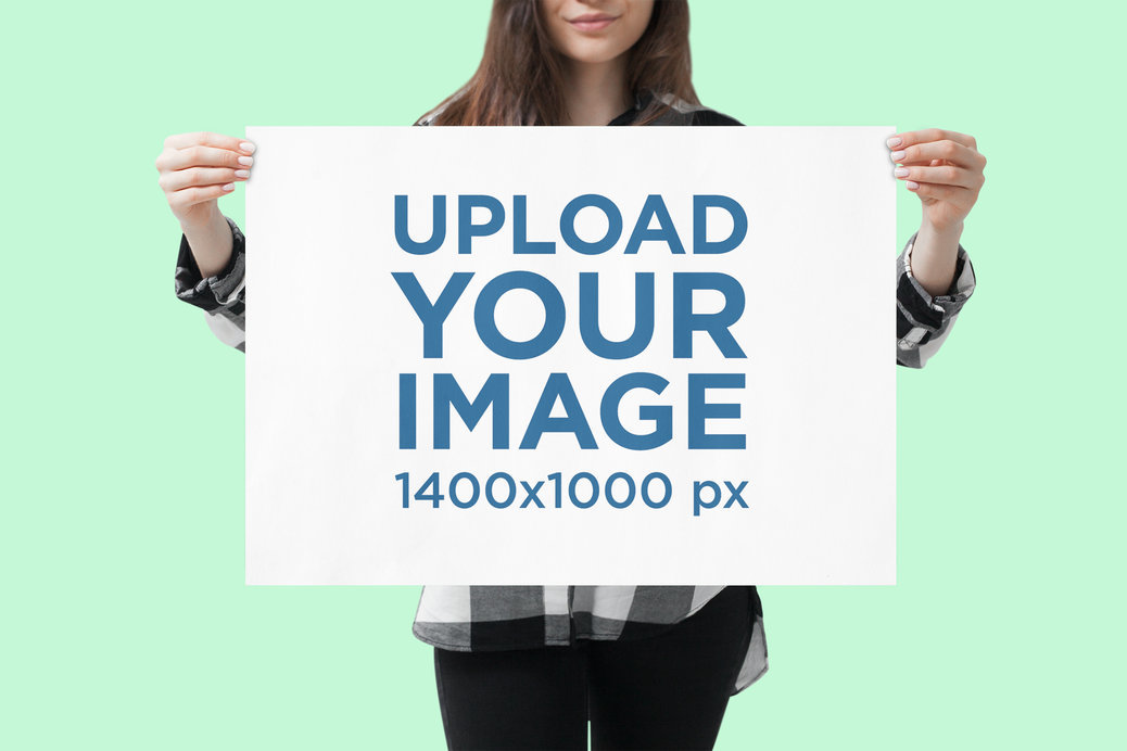 Mockup of a Woman Holding a Horizontal Poster at a Studio