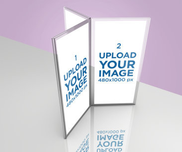 Mockup of a Six-Sided Table Tent Mockup on a Reflective Surface