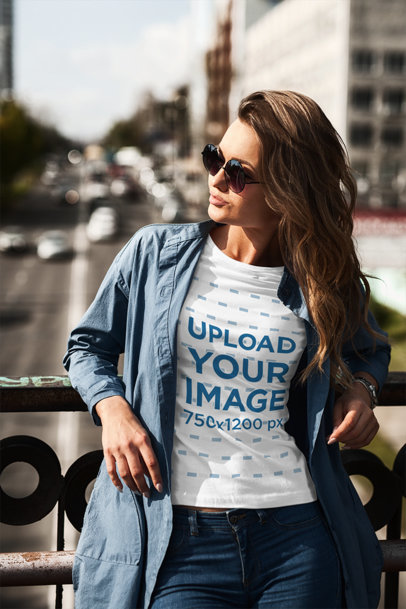 Mockup of a Woman with Long Hair Wearing a Crewneck T-Shirt Outside 1195-el