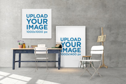 Mockup Featuring Two Art Prints at a Minimalistic Art Studio 