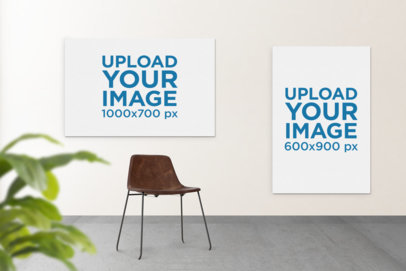 Mockup of Two Art Prints Hanging by a Modern Wooden Chair 