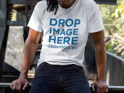 V-Neck T-Shirt Mockup of a Young Man With Locs