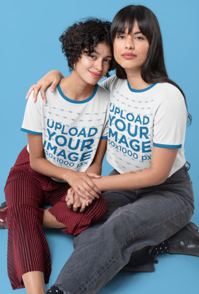 Ringer Tee Mockup of Two Girlfriends Hugging at a Studio