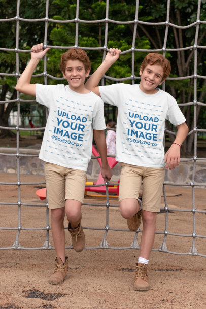 Mockup of Two Red-Haired Twins Wearing Customizable T-Shirts 