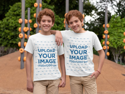 T-Shirt Mockup of Identical Twins Wearing Matching Outfits