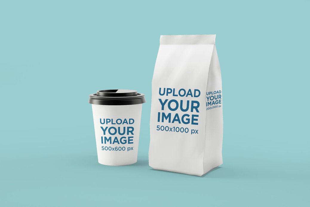 Mockup of a Coffe Cup Placed Next to a Coffee Bag Packaging