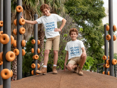 T-Shirt Mockup of Twins Wearing Identical Outfits