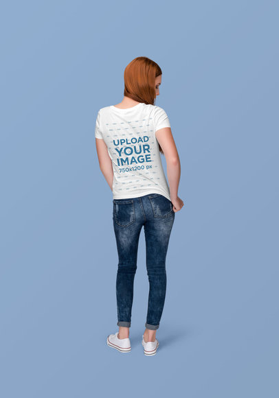 T-Shirt Mockup of a Red-Haired Woman Facing Backwards at a Studio