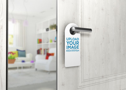 Mockup of a Door Hanger Placed on a Mid-Open Door