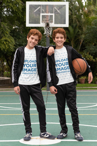 T-Shirt Mockup Featuring Red-Haired Twins at a Basketball Court 