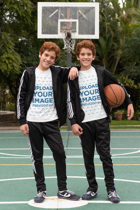 T-Shirt Mockup Featuring Red-Haired Twins at a Basketball Court 