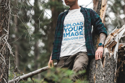 T-Shirt Mockup Featuring an Intrepid Man in the Woods 1856-el1