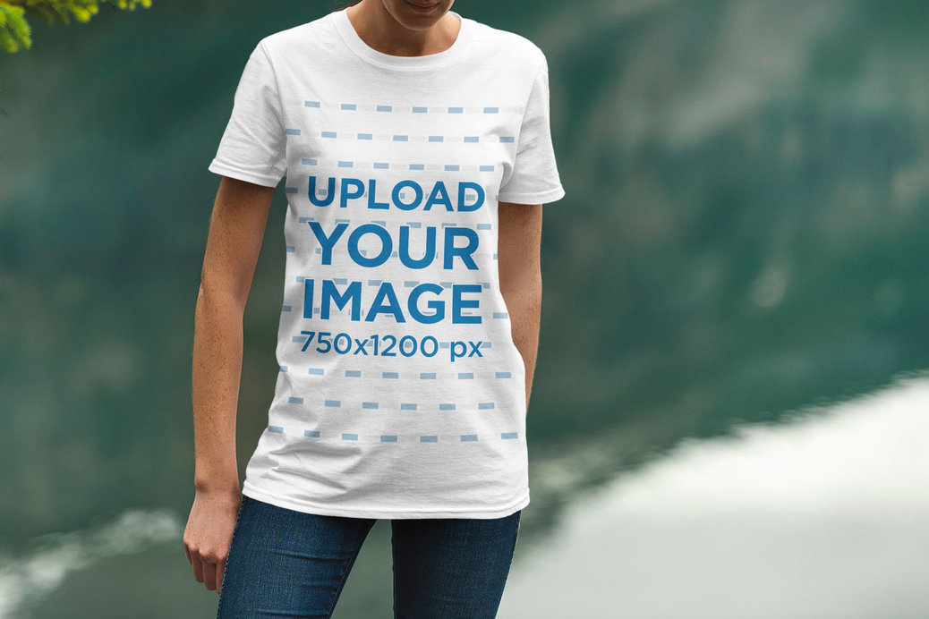 Mockup of a Woman Wearing a T-Shirt by a Lake