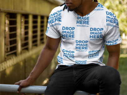 Mockup of a Young Man With Locs Wearing a V-Neck T Shirt