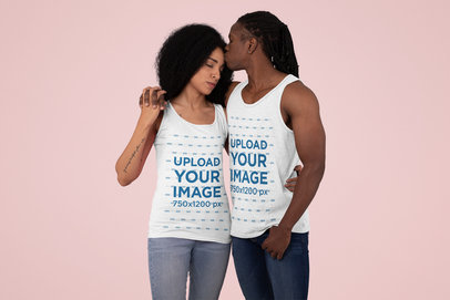 Mockup of a Couple Wearing Tank Tops in a Studio 30765