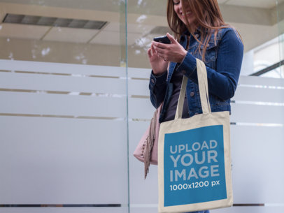 Sublimated Canvas Tote Bag Mockup of a Woman Texting