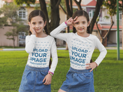 Long Sleeve Mockup Featuring Twin Girls Doing Funny Poses 