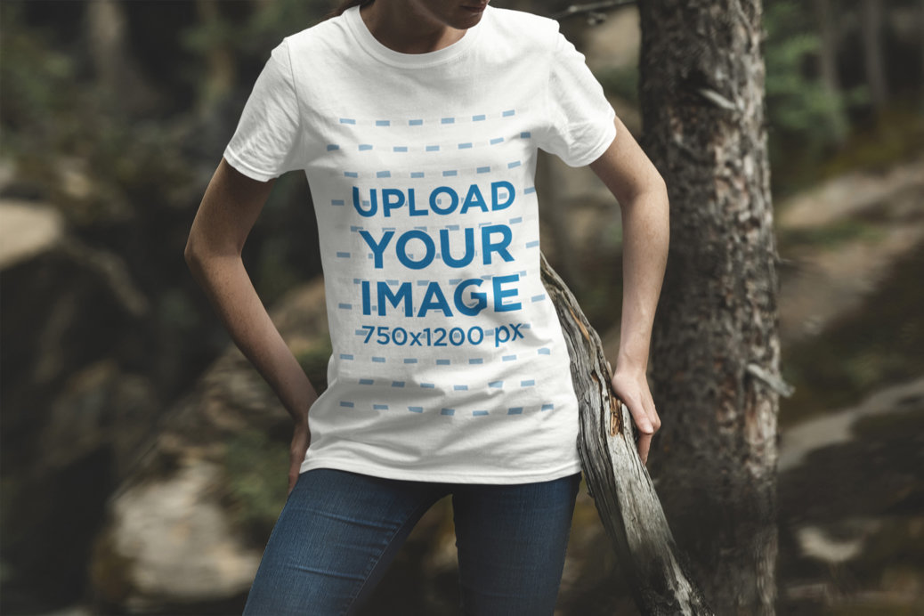 Mockup of a Woman Wearing a Crew Neck T-Shirt in the Forest 