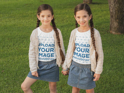 Long Sleeve Tee Mockup Featuring Twin Girls Holding Hands at a Park