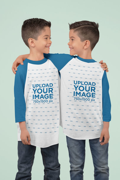 Three Quarter Sleeve Raglan T-Shirt Mockup Featuring Two Twin Brothers at a Studio