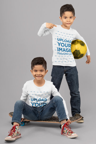 Long Sleeve Tee Mockup Featuring Identical Twins at a Studio