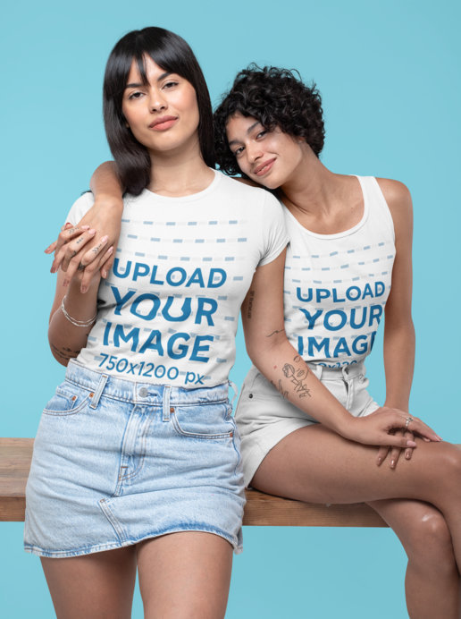 Mockup Featuring Two Women Wearing a Tee and a Tank Top at a Studio