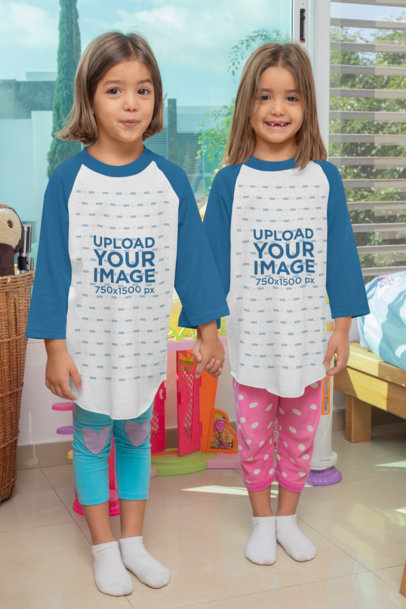 Raglan Tee Mockup Featuring Twin Girls Holding Hands 31011