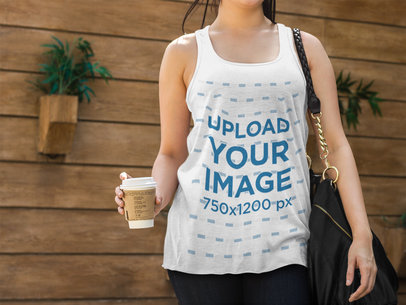 Tank Top Mockup of a Hipster Young Woman Having Coffee