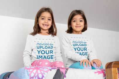 Mockup of Twin Girls Wearing Long Sleeve Tees