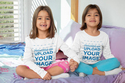 Mockup of Two Twin Girls Wearing Long-Sleeve T-Shirtsd