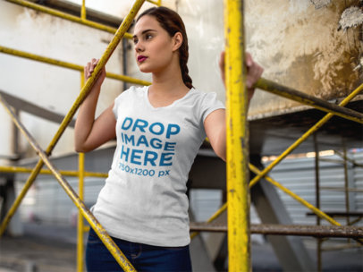 T-Shirt Mockup of a Young Woman in an Industrial Scenario 9090