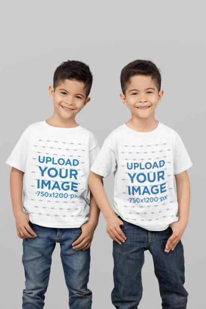 T-Shirt Mockup of Identical Twin Boys Smiling at a Studio