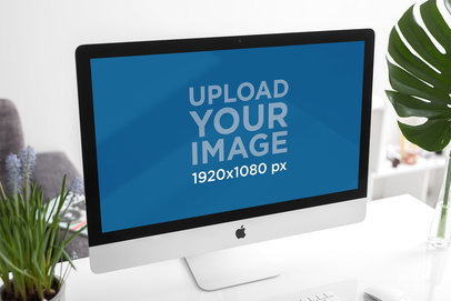 Mockup of an iMac at a Modern Office with Decorative Plants 2145-el