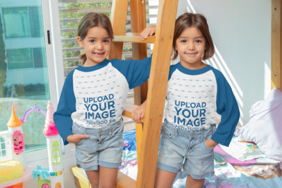 Mockup of Two Twin Girls Wearing Raglan Tees in Their Room