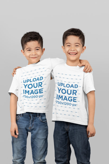 Mockup of Two Twin Boys Wearing T-Shirts in a Studio