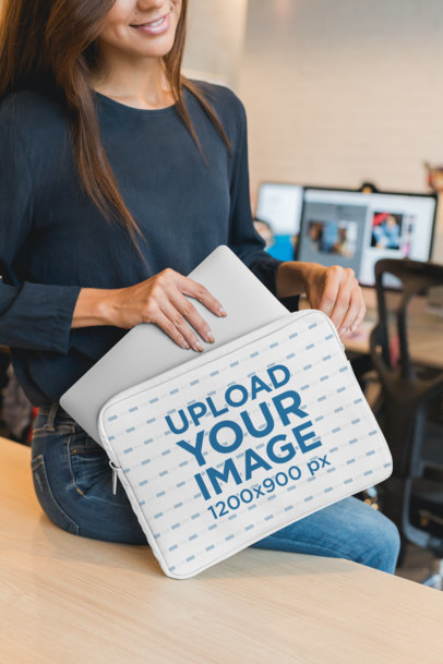 Laptop Sleeve Mockup of a Woman with a Computer