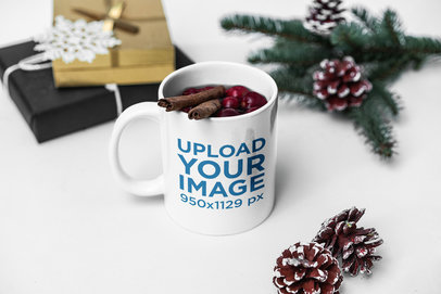 Coffee Mug Mockup Featuring a Warm Drink in a Christmas Setting 2086-el1