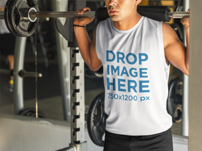 Sleeveless Shirt Mockup of Young Muscular Man at the Gym