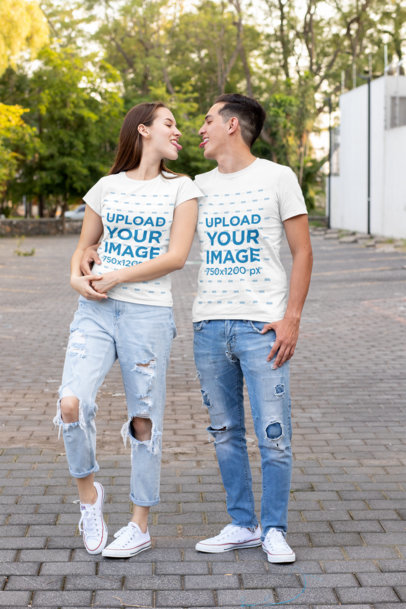 T-Shirt Mockup of a Couple Sticking Their Tongues Out