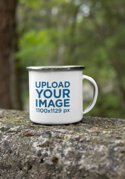 Mockup of a 12 oz Silver Rim Enamel Mug Placed on a Lodge