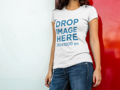 Tshirt Mockup of a Pretty Lady Leaning on a Red Door a8402