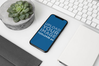 Mockup of an iPhone 11 Pro Placed on a Neat Desk Next to a Plant Pot 2155-el1