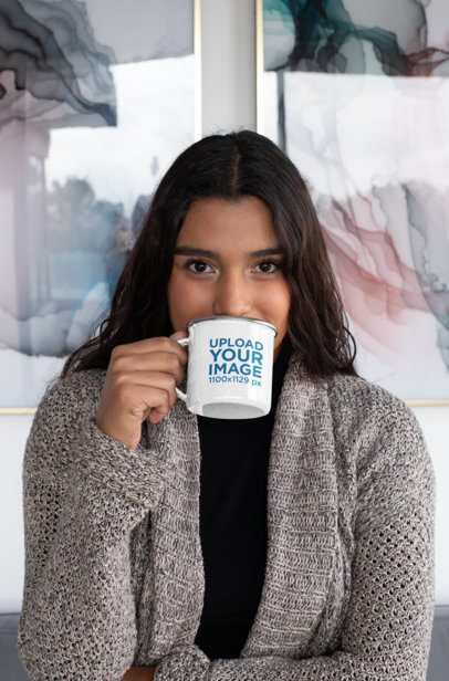 Mockup of a Woman Drinking from a 12 oz Silver Rim Enamel Mug 