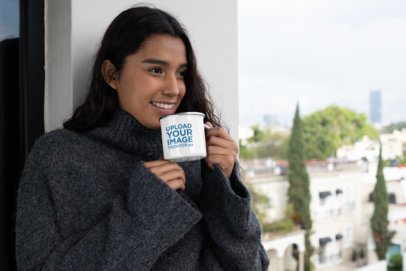 Mockup of a Woman Drinking Coffee From a Silver Rim Enamel Mug 